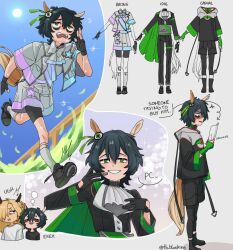  2boys absurdres angry animal_ears artist_name ascot bags_under_eyes black_gloves black_hair black_jacket black_leggings black_shoes black_shorts blonde_hair blue_sky blush boots bow bowtie buttons clothing_cutout cropped_jacket crossover day degrees_of_lewdity english_text exhausted eye_hair_ornament eyebrow_piercing face_piercing fingerless_gloves glove_cutout gloves grass green_eyes green_gloves grey_bow grey_bowtie grey_jacket grey_shirt grey_shorts hair_over_one_eye hand_on_headset hands_on_own_chest high_collar highres holding holding_paper hood hood_down hoodie horse_boy horse_ears horse_tail imagining jacket kneehighs kylar_(degrees_of_lewdity) kylar_(male)_(degrees_of_lewdity) lapels leggings leggings_under_shorts legwear_garter long_sleeves male_focus multiple_boys multiple_views notched_lapels open_clothes open_jacket outdoors paper piercing raised_inner_eyebrows running sash shaded_face shirt shoes short_sleeves shorts shoulder_sash side_cape sky smile sneakers socks solo_focus sparkle speech_bubble standing star_(symbol) sun sweat tail th_blueking thinking thought_bubble umamusume under-elbow_gloves untied_shoelaces wavy_mouth white_ascot white_socks whitney_(degrees_of_lewdity) whitney_(male)_(degrees_of_lewdity) 