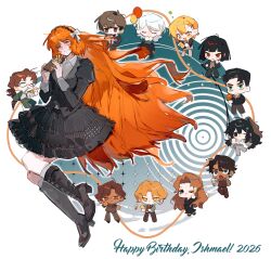  2026 6+boys 6+girls absurdres balloon black_boots black_dress black_eyes black_hair black_hairband black_jacket black_pants blonde_hair blunt_ends blush boots bow brown_hair brown_pants brown_shirt brown_vest cake champagne_flute character_name chibi chinese_commentary closed_eyes collared_shirt commentary_request cup dark-skinned_female dark-skinned_male dark_skin don_quixote_(project_moon) dress drinking_glass empty_eyes english_text faust_(project_moon) flower food frown full_body gift glasses green_eyes green_jacket green_pants gregor_(project_moon) grey_pants grey_shirt hair_bow hairband hand_in_pocket happy_birthday heathcliff_(project_moon) highres holding holding_balloon holding_cup holding_flower holding_gift holding_party_popper holding_plate hong_lu_(project_moon) ishmael_(project_moon) jacket jingshenhuanghu knee_boots limbus_company long_hair long_sleeves looking_at_viewer messy_hair meursault_(project_moon) multiple_boys multiple_girls one_eye_closed orange_eyes orange_flower orange_hair orange_ribbon orange_rose outis_(project_moon) pants party_popper pinstripe_pattern pinstripe_suit plate ponytail project_moon puffy_sleeves red_eyes ribbon rodion_(project_moon) rose ryoshu_(project_moon) shirt short_hair simple_background sinclair_(project_moon) suit swept_bangs unlit_cigarette_in_mouth very_long_hair vest white_background white_bow white_hair white_shirt yellow_eyes yi_sang_(project_moon) 