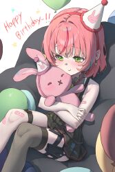  absurdres balloon bandaid bandaid_on_arm bandaid_on_leg bare_arms bare_shoulders black_skirt black_thighhighs blue_hair blue_streaks blush closed_mouth commentary_request earrings feet_out_of_frame green_eyes green_hair green_streaks hanako_nana hanako_nana_(1st_costume) happy_birthday hat heart heart_earrings highres hugging_object jaeyun5407 jewelry korean_commentary medium_hair mini_hat multicolored_hair party_hat peto_(hanako_nana) pink_hair red_hair red_streaks single_thighhigh sitting skirt sleeveless stellive streaked_hair stuffed_animal stuffed_rabbit stuffed_toy thigh-highs virtual_youtuber white_hat 