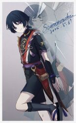  1boy absurdres against_glass arm_at_side armor bishounen black_bodysuit black_hair black_kimono black_sandals black_shorts black_sleeves blunt_ends bodysuit border character_name closed_eyes closed_mouth covered_collarbone dated different_reflection eyeliner facing_viewer fatui_logo fingernails frilled_sleeves frills genshin_impact gold highres japanese_armor japanese_clothes jewelry juban kimono kote kurokote layered_shorts layered_sleeves looking_at_another makeup male_focus mandarin_collar mitsudomoe_(shape) neck_ring o-ring open_clothes open_hand open_kimono parted_bangs purple_rope purple_sash purple_shorts purple_sleeves red_eyeliner red_kimono red_sash reflection rope sandals sash scaramouche_(genshin_impact) scaramouche_(harbinger)_(genshin_impact) shimenawa shixinfeng short_sleeves shorts sideways_glance single_sode smile solo stirrup_legwear tassel toeless_legwear tomoe_(symbol) white_border white_kimono white_rope wispy_bangs wolf_cut zouri 
