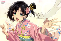  1girl :d absurdres anime_coloring artist_name artist_request black_hair copyright_name copyright_notice floral_print floral_print_kimono green_eyes hair_ornament hands_up highres japanese_clothes kanzashi kimono looking_at_viewer magazine_scan momokawa_inako newtype nijuuseiki_denki_mokuroku obi obiage obijime official_art open_mouth pink_kimono print_kimono sash scan smile third-party_source upper_body 