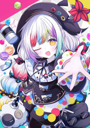  1girl :d ;d absurdres beret black_hat black_jacket black_pantyhose bow collared_shirt colored_tips commentary_request contrast_collar cowboy_shot flower food goggles goggles_on_headwear hair_bow hat highres jacket jacket_partially_removed jogasaki_noah long_hair long_sleeves looking_at_viewer macaron mahou_shoujo_no_majo_saiban multi-tied_hair multicolored_eyes multicolored_hair neck_ribbon off_shoulder one_eye_closed outstretched_hand paintbrush pantyhose polka_dot polka_dot_bow polka_dot_skirt red_flower ribbon shirt skirt sleeve_bow smile solo streaked_hair stuffed_animal stuffed_sheep stuffed_toy unworn_hat unworn_headwear white_hair white_shirt yellow_eyes yuri_(yuyuryu1) 