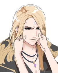  1boy 1other blonde_hair blue_eyes cheek_pull commentary_request ff_yona final_fantasy final_fantasy_xiv garlean highres korean_commentary long_hair looking_at_viewer male_focus pectoral_cleavage pectorals pov pov_hands simple_background solo_focus third_eye unamused upper_body white_background zenos_yae_galvus 