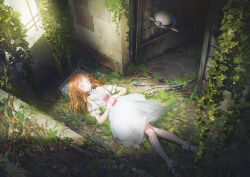  1girl abandoned cable closed_eyes closed_mouth commentary day dress drone electrical_outlet foliage frilled_sleeves frills full_body grass highres holding holding_letter indoors letter long_hair lying mitsuki_(yu_hsiang_yi) on_back on_floor orange_hair original overgrown plant short_sleeves sleeping socks solo vines white_dress white_socks 
