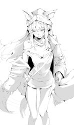  1girl absurdres animal_ears arknights averting_eyes ayatsuji_k beanie behind-the-head_headphones blush clothes_grab clothes_writing commentary_request ears_through_headwear feet_out_of_frame fox_ears fox_girl fox_tail frostleaf_(arknights) grabbing_another's_sleeve greyscale hat headphones highres implied_extra_ears jacket long_hair material_growth monochrome off-shoulder_shirt off_shoulder open_clothes open_jacket oripathy_lesion_(arknights) shirt simple_background solo standing sweatdrop tail tail_wagging white_background 