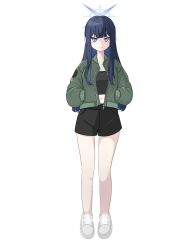  1girl alternate_costume black_shirt black_shorts blue_archive blue_eyes blue_hair blush closed_mouth commentary_request cropped_shirt full_body green_jacket grey_halo halo highres jacket korean_commentary long_hair navel open_clothes open_jacket product0390 saori_(blue_archive) shirt shoes short_shorts shorts smile sneakers solo white_shoes 