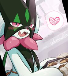  1other animal_hands applecandy_prpr blush body_fur commentary_request cookie food furry green_fur green_hair grey_background heart highres holding holding_tray looking_at_viewer mask meowscarada open_mouth other_focus pink_eyes pokemon pokemon_(creature) short_hair simple_background solo spoken_heart tray two-tone_fur upper_body 
