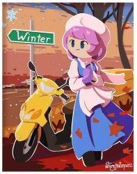 1girl autumn autumn_leaves black_shoes blue_eyes blue_skirt blue_vest border closed_mouth commentary day derbruhniko english_commentary falling_leaves full_body hat highres leaf letty_whiterock long_skirt mittens motor_vehicle outdoors purple_hair purple_mittens road_sign scarf scooter shoes short_hair sign skirt smile snow snowflakes solo standing touhou tree vest white_border white_hat white_scarf 