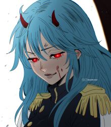  1girl absurdres black_jacket blood blood_on_face blue_hair commentary epaulettes gunko highres horns iamosix2 instagram_username jacket long_hair one_piece open_mouth red_eyes solo twitter_username upper_body 