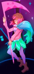  1girl 1other absurdres akumu_(glitchtale) armor armored_skirt bete_noire brown_hair camila_cuevas english_commentary glitchtale glowing glowing_eye glowing_hair green_skirt highres holding holding_scythe leggings looking_at_viewer medium_hair multicolored_hair pink_eyes pink_hair pink_sweater purple_leggings scythe skirt sweater two-tone_hair undertale utdr_(toby_fox) 