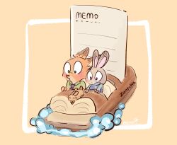  1boy 1girl animal_ears animal_nose artist_name blue_necktie blue_shirt blue_vest blush body_fur collared_shirt commentary_request constricted_pupils copyright_name disneyland english_text fox_boy fox_ears furry furry_female furry_male green_eyes green_shirt grey_fur highres judy_hopps looking_down meme_(penpengusa_no_meme) merchandise necktie nick_wilde orange_background orange_fur outside_border paper police police_uniform policewoman rabbit_ears rabbit_girl shirt signature simple_background sitting sketch snout splash_mountain striped_clothes striped_necktie two-tone_fur vest violet_eyes wide-eyed zootopia 