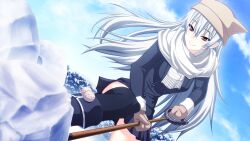  1girl anekouji_naoko_to_giniro_no_shinigami black_thighhighs blue_coat breasts buttons closed_mouth clouds coat double-breasted floating_hair forest game_asset gloves grey_gloves grey_hat hat highres holding holding_shovel kirsti_ylianttila knee_up light_smile long_hair long_scarf long_sleeves looking_at_object medium_breasts nature non-web_source orange_eyes outdoors quinzhee scarf self-datamine shironeko_sanbou shovel sky snow snow_shelter solo standing thigh-highs very_long_hair white_hair white_scarf 