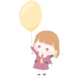  1girl balloon brown_dress brown_hair chibi chibi_only commentary_request dress hasu_no_sora_school_uniform holding holding_balloon kachimachi_kosuzu kani-san_(kani_py_74) long_sleeves love_live! love_live!_hasu_no_sora_jogakuin_school_idol_club neckerchief pink_eyes sailor_collar sailor_dress school_uniform simple_background solo virtual_youtuber white_background white_sailor_collar winter_uniform yellow_neckerchief 