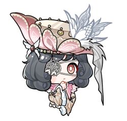  1girl artist_request black_hair blush_stickers bright_pupils brown_eyes brown_shoes butterfly_hat_ornament capelet chibi clenched_hand closed_mouth cropped_torso curly_hair frilled_capelet frilled_sleeves frills hand_on_own_arm hand_on_own_chin hat hat_feather hat_ornament infinity_nikki lace_eyepatch light_frown long_sleeves looking_at_viewer medium_hair nikki_(series) official_art painted_to_life_(infinity_nikki) pink_capelet pink_hat shoes solo sticker_(medium) tareme thinking transparent_background two-tone_headwear white_hat white_pupils wide_sleeves 
