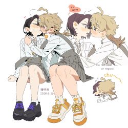  ! !! 2girls ahoge ankle_socks arm_support bare_legs black_hair black_shoes blonde_hair blowing_bubbles blush bottle braid breast_pocket buttons chibi chibi_inset chinese_text clenched_hands closed_eyes closed_mouth collared_shirt colored_speech_bubble couple crossed_bangs dated diagonal-striped_clothes diagonal-striped_necktie dress_shirt ear_blush english_text eye_contact facing_viewer from_side full_body furrowed_brow grey_necktie grey_skirt hair_ornament hairclip hand_on_another's_shoulder hand_up highres jellyfish_cut kiss knees_together_feet_apart leaning_back leaning_forward licking licking_another's_face licking_another's_lips long_hair long_sleeves looking_at_another looking_to_the_side loose_hair_strand low_block_heels minamip multiple_girls multiple_hairclips multiple_views necktie nervous nose_blush open_clothes open_mouth open_shirt orange_trim original parallel_hairclips parted_bangs parted_lips partially_unbuttoned platform_shoes pleated_skirt pocket profile projected_inset purple_trim red_eyes school_uniform shirt shoelaces shoes short_hair simple_background sitting skirt sleeve_cuffs sneakers socks sound_effects speech_bubble striped_clothes striped_necktie suspender_skirt suspenders suspenders_slip thick_eyebrows tie_clip turning_head unbuttoned unbuttoned_shirt white_background white_shirt white_shoes white_socks yuri 