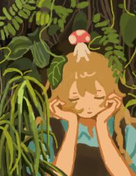 1girl absurdres blonde_hair braid brown_vest closed_eyes closed_mouth collared_shirt creature creature_on_head facing_viewer forest gaiyonghunichengyinshexianweiguiwufaxianshi highres kirisame_marisa long_hair missing_headwear mushroom nature outdoors plant shirt side_braid single_braid solo touhou upper_body vest white_shirt 