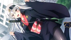  1girl :d anekouji_naoko_to_giniro_no_shinigami black_kimono black_socks blush castle dutch_angle fishnet_pantyhose fishnets floating_hair furisode_sleeves game_asset grass headband highres japanese_clothes kimono kirsti_ylianttila knee_up long_hair looking_at_viewer ninja ninjatou non-web_source nose_blush obi obijime open_mouth outdoors pantyhose sandals sash self-datamine shironeko_sanbou short_sword smile socks solo sword very_long_hair weapon white_hair zouri 