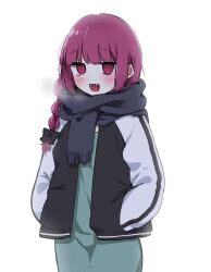  1girl @_@ black_bow black_jacket black_scarf blunt_bangs blush bocchi_the_rock! bow braid breath buleogjam commentary cowboy_shot dress green_dress hair_bow hands_in_pockets highres hiroi_kikuri jacket korean_commentary long_hair looking_at_viewer multicolored_jacket open_clothes open_jacket open_mouth purple_hair scarf sharp_teeth sidelocks single_braid solo teeth violet_eyes white_background 