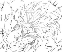  amayuki318 aura belt collarbone commentary_request dougi dragon_ball electricity fighting_stance hair_behind_ear hair_ornament halo highres kamehameha_(dragon_ball) leg_lift long_hair looking_at_viewer monochrome muscular muscular_male no_eyebrows pectorals powering_up serious son_goku spiky_hair super_saiyan super_saiyan_3 undershirt very_long_hair white_background wristband 