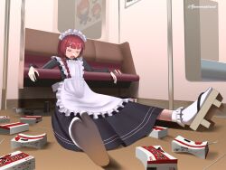  1girl alcohol_carton apron bench black_jacket black_skirt blunt_bangs bobby_socks bocchi_the_rock! braid character_doll closed_eyes doll drink_carton drooling from_below full_body geta highres hiroi_kikuri jacket jersey_maid kita_ikuyo kombudashii leaning_back maid maid_apron maid_headdress mouth_drool on_floor poster_(object) purple_hair shoes single_braid single_shoe skirt sleeping socks solo spread_legs tabi track_jacket twitter_username unconventional_maid white_apron white_socks 