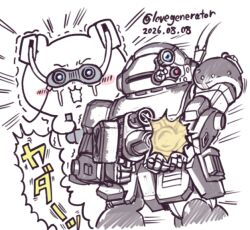  armor artist_name chibi chiikawa chiikawa_(character) crying crying_with_eyes_open firing goggles goggles_on_head kin-san_(sasuraiga) motion_lines scopedog shoulder_armor sketch soukou_kihei_votoms speed_lines spot_color tears 
