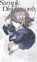  1girl absurdres ahoge black_serafuku brown_hair commentary commission foreshortening from_above glasses highres neckerchief original over-rim_eyewear school_uniform semi-rimless_eyewear serafuku shoes short_hair sin_090 solo thighs 