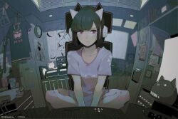  1girl animal_ear_headphones animal_ears asakura_neko black_shirt brown_hair butterfly_sitting cat_ear_headphones cat_ears chair character_name commentary_request computer_keyboard copyright_notice cytus cytus_ii fake_animal_ears gaming_chair guitar headphones highres indoors instrument looking_at_viewer multicolored_hair official_art pink_eyes pink_hair pink_shirt poster_(object) shirt short_sleeves sitting solo streaked_hair swivel_chair unworn_clothes 