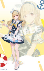  1girl belt blonde_hair blue_choker blue_hairband choker closed_mouth commentary_request dress flower flower_dress full_body hairband hand_up highres isaya_(pixiv4541633) kogara_toto long_hair looking_at_viewer low_twintails neckerchief official_alternate_costume official_art red_eyes sailor_collar sandals smile solo standing sunflower twintails virtual_youtuber vspo! white_belt white_dress white_sailor_collar white_sandals white_wrist_cuffs wrist_cuffs yellow_neckerchief zoom_layer 