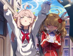  +_+ 2girls ahoge anger_vein arms_up ballistic_shield battle_rifle blonde_hair blue_archive blue_sailor_collar blue_sky cardigan closed_eyes commentary_request csham day drink_carton drinking drinking_straw drinking_straw_in_mouth duplicate fn_scar_17 gun gun_sling halo highres holding holding_drink_carton holding_milk_carton hood hooded_jacket jacket light_blush long_hair micro_uzi milk_carton multiple_girls natsu_(blue_archive) neckerchief open_mouth outdoors pink_hair pink_halo red_eyes red_jacket red_neckerchief rifle ring_of_light_(blue_archive) sailor_collar shield shield_on_back side_ponytail sky sparkle sparkling_aura spiral_fingerprint submachine_gun thumbs_up tree twintails upper_body urban weapon white_cardigan yellow_halo yoshimi_(blue_archive) 