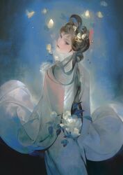  1girl absurdres baichuan_baichuan blue_eyeshadow brown_eyes bug butterfly chinese_clothes closed_mouth cowboy_shot eyelashes eyeshadow flower hair_ornament hair_stick hanfu highres honglou_meng lips long_sleeves looking_at_viewer makeup red_lips solo white_butterfly white_flower wide_sleeves wispy_bangs xue_baochai 