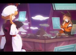  2girls arong black_hat black_tabard blonde_hair brown_hat cape clouds cloudy_sky commentary constellation constellation_print covered_eyes dated_commentary dress floating floating_object folding_fan gensokyo hand_fan hat hat_ribbon long_hair long_sleeves matara_okina mob_cap mountain multiple_girls orange_cape orange_sleeves rain red_ribbon ribbon screen screen_light short_hair sitting sky sleeve_ribbon sun_symbol tabard touhou twitter_username white_dress wide_sleeves yakumo_yukari yin_yang yin_yang_print 