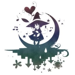  1girl balloon beamed_eighth_notes blending closed_eyes closed_mouth commentary dress eighth_note flower greyscale hat heart_balloon holding holding_balloon leaf monochrome musical_note on_crescent orange_lore original quarter_note signature smile solo standing star_(symbol) sun white_background witch_hat 