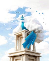  absurdres altaria beak bird bird_tail black_eyes clouds cloudy_sky feathers fluffy flying highres looking_to_the_side mega_altaria mega_pokemon no_humans pokemon pokemon_(creature) pokemon_focus rivalclay sitting sky swablu tail white_feathers white_wings wings 