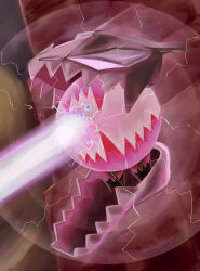  absurdres attack breath_weapon colored_skin commentary_request dragon_energy_(pokemon) electricity extra_eyes highres karura_(to-the-4483) no_humans partial_commentary pink_skin pokemon pokemon_(creature) regidrago sharp_teeth solo teeth 
