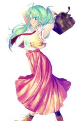  1girl ahoge ankle_socks arms_behind_head arms_up bag black_socks blue_eyes boots breasts brown_boots buttons closed_mouth collared_shirt commentary cropped_vest curtained_hair feet_out_of_frame from_side green_hair high_ponytail highres higurashi_no_naku_koro_ni holding holding_bag large_breasts long_hair long_skirt looking_at_viewer necktie nekotorine open_clothes open_vest parted_bangs pleated_skirt ponytail profile red_necktie red_skirt school_bag shirt short_sleeves simple_background skirt smile socks solo sonozaki_mion vest white_background white_shirt yellow_vest 