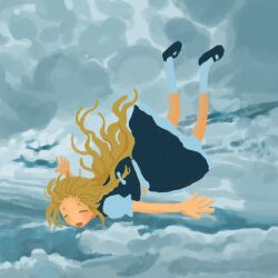  1girl absurdres black_shoes black_skirt black_vest blonde_hair bow braid closed_eyes clouds cloudy_sky falling full_body gaiyonghunichengyinshexianweiguiwufaxianshi hair_bow highres kirisame_marisa long_hair missing_headwear open_mouth outstretched_arms shoes side_braid single_braid skirt sky smile socks solo spread_arms touhou vest white_bow white_socks 