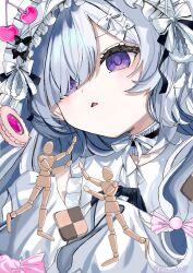  1girl bow cherry chinstrap choker commentary_request detached_sleeves drawing_mannequin dress food frilled_choker frilled_hairband frills fruit hair_bow hair_over_one_eye hairband highres lolita_hairband long_hair long_sleeves mahou_shoujo_no_majo_saiban minna_de_zutto_shiawase_ni_kazoku_de_issho_ni_tanoshii_party_wo natsume_an-an official_alternate_costume one_eye_covered portrait shuuka_(po_n819) sleeves_past_fingers sleeves_past_wrists solo spoilers violet_eyes white_bow white_choker white_dress white_hair white_hairband 