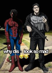  2boys absurdres animal_print black_hair bodysuit boots bulletproof_vest character_logo crying crying_emoji emoji face_in_shadow full_body gun highres holding holding_gun holding_mask holding_weapon marvel mask meme miceoao multicolored_bodysuit multiple_boys pants peter_parker print_bodysuit shaded_face shirt short_hair skull_print spider-man spider-man:_brand_new_day spider-man_(series) spider_print spider_web_print superhero_costume the_punisher_(character) undercut weapon why_dis_ninja_look_so_mad_(meme) 