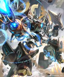  1boy blue_eyes blue_sky clenched_hand clouds commentary_request flying full_body glowing glowing_eyes highres holding holding_weapon joints looking_at_viewer magna_giant male_focus mecha mecha_focus no_humans robot robot_joints science_fiction shadowverse sky solo thrusters weapon xui_ton 