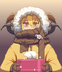 1girl blonde_hair box brown_background brown_gloves brown_scarf commentary covered_mouth curled_horns don_quixote_(project_moon) english_commentary fur_hood gloves gradient_background hair_between_eyes heishou_pack-wei_branch_(identity)_(project_moon) highres holding holding_box horns jacket jady_g09 limbus_company long_sleeves pixel_art project_moon scarf scarf_over_mouth sheep_horns snot solo sparkle tissue_box upper_body yellow_eyes yellow_jacket 