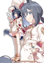  1girl animal_ears black_hair blue_eyes blush breasts chef chef_hat closed_mouth dress eishin_flash_(precise_chocolatier)_(umamusume) eishin_flash_(umamusume) frilled_cuffs hair_between_eyes hair_ornament hairclip hat highres holding holding_spatula horse_ears horse_girl horse_tail long_sleeves looking_at_viewer medium_breasts mini_hat official_alternate_costume shoes short_hair smile spatula tail thigh-highs tilted_headwear tpicm umamusume white_dress white_thighhighs zoom_layer 