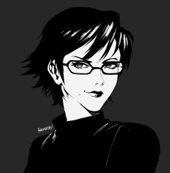  1girl absurdres artist_name bayonetta bayonetta_(series) bayonetta_2 black_shirt glasses greyscale hamatsu highres lips lipstick makeup mole mole_under_mouth monochrome naughty_face pixie_cut portrait shirt short_hair signature simple_background smile turtleneck 
