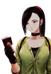  1girl backpack bag black_choker black_gloves black_hair black_shirt blush breasts cardigan casual chocolate choker closed_mouth collarbone commentary_request contemporary cropped dragon_quest dragon_quest_xi ear_piercing eyelashes fingerless_gloves gloves green_cardigan hair_ornament hair_scrunchie hand_up highres jun_(navigavi) lips long_hair looking_to_the_side martina_(dq11) medium_breasts nose orange_trim partially_unbuttoned piercing ponytail red_scrunchie scrunchie shirt simple_background solo upper_body violet_eyes white_background yellow_bag 