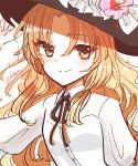  1girl blonde_hair brown_headwear closed_mouth commentary_request flower frilled_hat frills happy hat hat_flower jacket_girl_(dipp) long_hair long_sleeves orange_eyes owannu shirt smile touhou white_shirt 