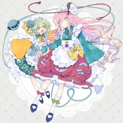  2girls apron aqua_shirt blue_shoes closed_mouth collared_shirt commentary disembodied_linked_eye enmaided eyeball frilled_sleeves frills green_eyes green_hair green_skirt grey_background hata_no_kokoro heart heart_of_string highres komeiji_koishi long_hair long_sleeves maid maid_apron maid_headdress mary_janes mask mask_on_head multiple_girls nikorashi-ka open_mouth outstretched_arms pink_eyes pink_hair plaid_clothes plaid_shirt red_skirt shirt shoes skirt skirt_cutout smile socks spread_arms touhou very_long_hair watermark white_apron white_socks wide_sleeves yellow_shirt 