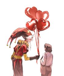  1boy 1girl absurdres bag balloon blush brown_hair clown_makeup hat heart_balloon highres holding holding_balloon jester_cap jugu_2 pierrot_(the_freak_circus) shoulder_bag the_freak_circus white_hair yellow_eyes 