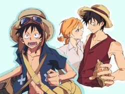  1boy 1girl bag bare_shoulders black_hair blue_background blue_shirt blush blush_stickers breasts collarbone commentary from_side goggles goggles_on_headwear hat highres holding looking_at_another low_twintails monkey_d._luffy multiple_views nami_(one_piece) official_alternate_costume official_alternate_hairstyle one_piece one_piece:_strong_world open_clothes open_mouth open_shirt orange_hair profile red_vest scar scar_on_cheek scar_on_face seashell shell shirt short_hair shoulder_bag sib_tt_10 straw_hat twintails upper_body vest white_shirt wing_collar 