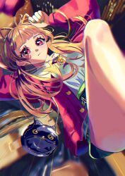  1girl ahoge animal_ears arms_up bare_legs bell black_skirt blunt_bangs blurry blurry_background brown_hair buttons cat_button cat_ears chromatic_aberration city_lights closed_mouth commentary_request expressionless fake_animal_ears falling fingernails folded green_nails green_trim high-waist_skirt highres jacket jingle_bell knee_up light_blush long_hair long_sleeves looking_at_viewer low_twintails midair miniskirt mita_(pixiv_71317254) motion_lines nail_polish neck_bell night open_clothes open_jacket original plaid_clothes plaid_skirt pocket red_eyes red_jacket shiny_skin shirt shirt_tucked_in single_sleeve_past_fingers skirt solo speed_lines stuffed_animal stuffed_cat stuffed_toy twintails whiskers white_shirt yellow_eyes 