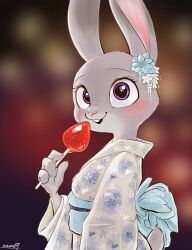  1girl :3 animal_ears animal_nose arm_at_side artist_name blue_flower blurry blurry_background blush body_fur breasts buck_teeth candied_fruit commentary_request ear_flower floral_print floral_print_kimono flower food from_side fruit furry furry_female grey_fur hand_up happy holding holding_food japanese_clothes judy_hopps kimono long_sleeves looking_at_viewer meme_(penpengusa_no_meme) obi open_mouth print_kimono rabbit_ears rabbit_girl rabbit_tail sash short_tail signature small_breasts smile snout solo standing strawberry tail teeth upper_body violet_eyes white_kimono wide-eyed wide_sleeves zootopia 