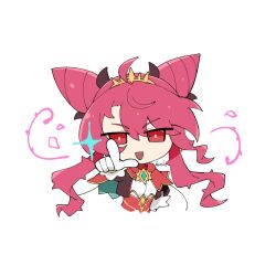  1girl :d ahoge aroshi_ygo_0 artist_name deformed dominus_purge dominusteer_rosepamela double_bun duel_monster gloves hair_bun hair_ornament highres horns pink_hair pointing red_eyes smile solo twintails upper_body white_background white_gloves yu-gi-oh! 